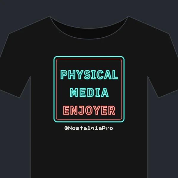 Black tee with Physical Media Enjoyer in neon-style letters